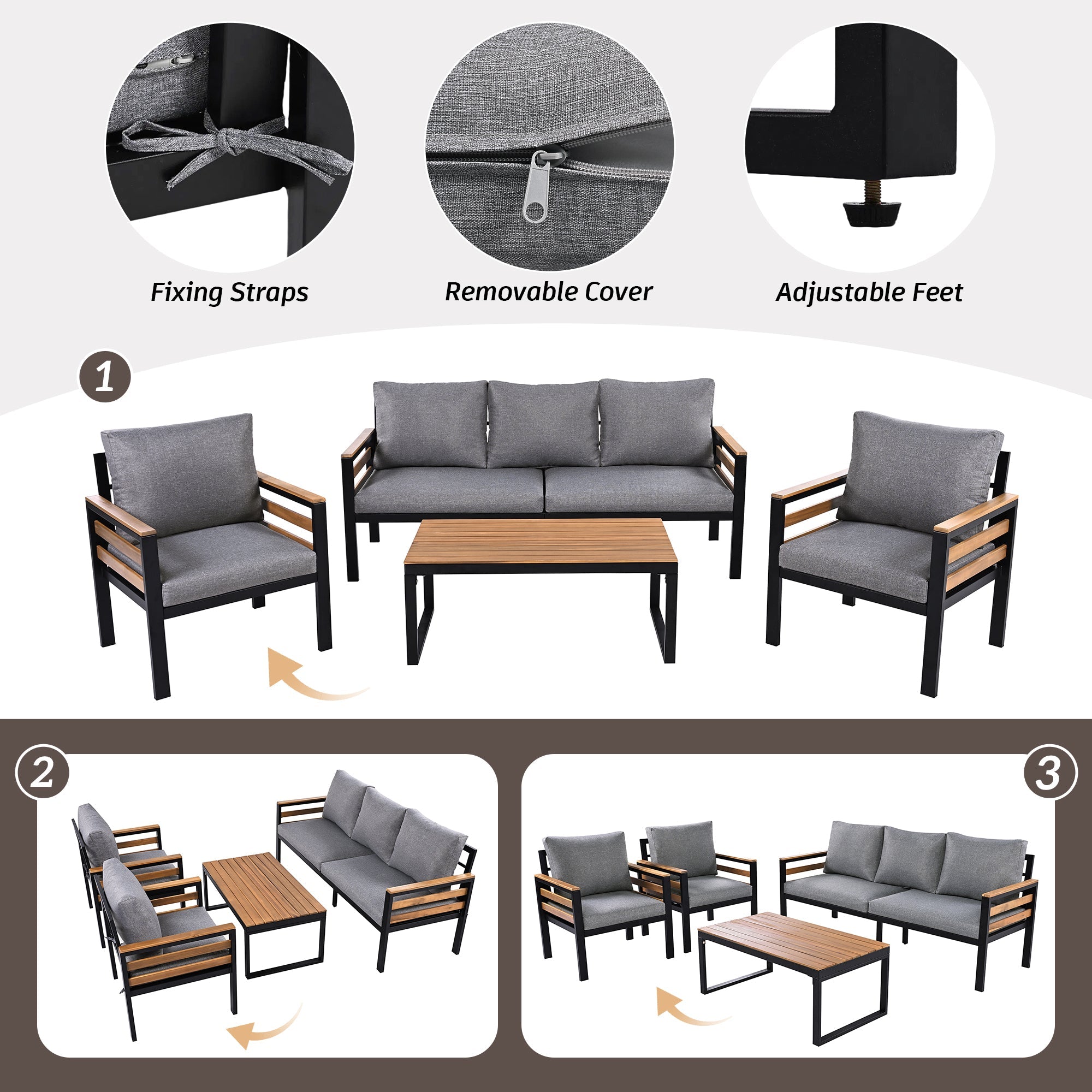 GO 4-Piece Outdoor Furniture Sofa Set for 5 People with  Acacia Wood Armrests, Patio Conversation Set with Removable Cushion and Solid Wood Coffee Table  for Garden and Backyard, Grey