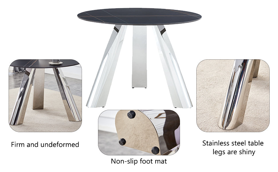42' Luxury Sintered Stone Table: 0.45' Durable Top + 6' Steel Legs,350lb Capacity, Stain/Heat-Resistant Black Veined Surface - Modern Minimalist DesignW1512S00111