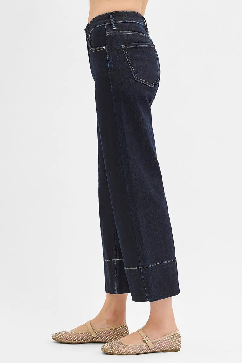 RISEN Tummy Control High Rise Crop Wide Seam Detailed Jeans