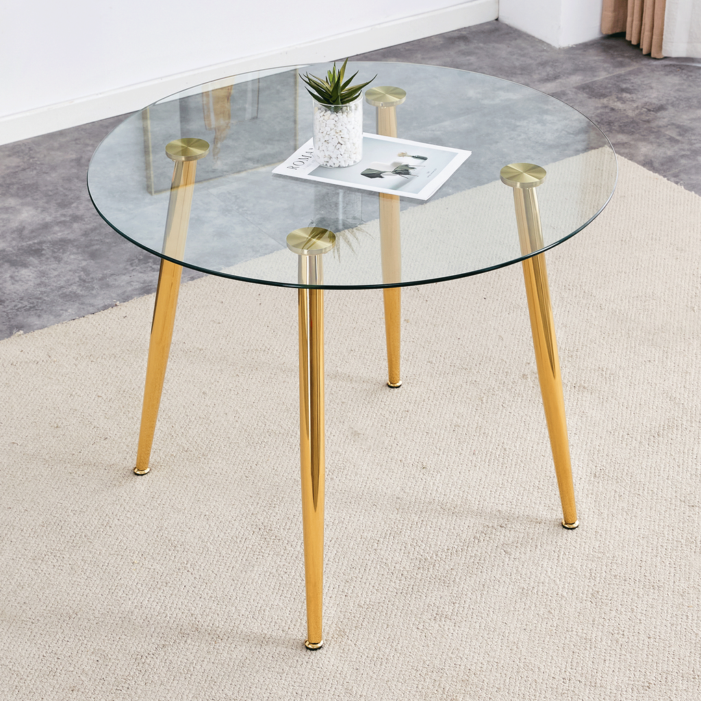 Round dining table with glass top, gilded metal legs, exquisite living, starting from the details, the gold legs show an extraordinary texture, which is the finishing touch to your home.36*36