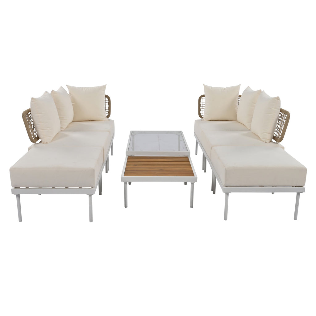 TREXM 8-Piece Patio Sectional Sofa Set with Tempered Glass Coffee Table and Wooden Coffee Table for Outdoor Oasis, Garden, Patio and Poolside (Beige Cushion + White Steel)