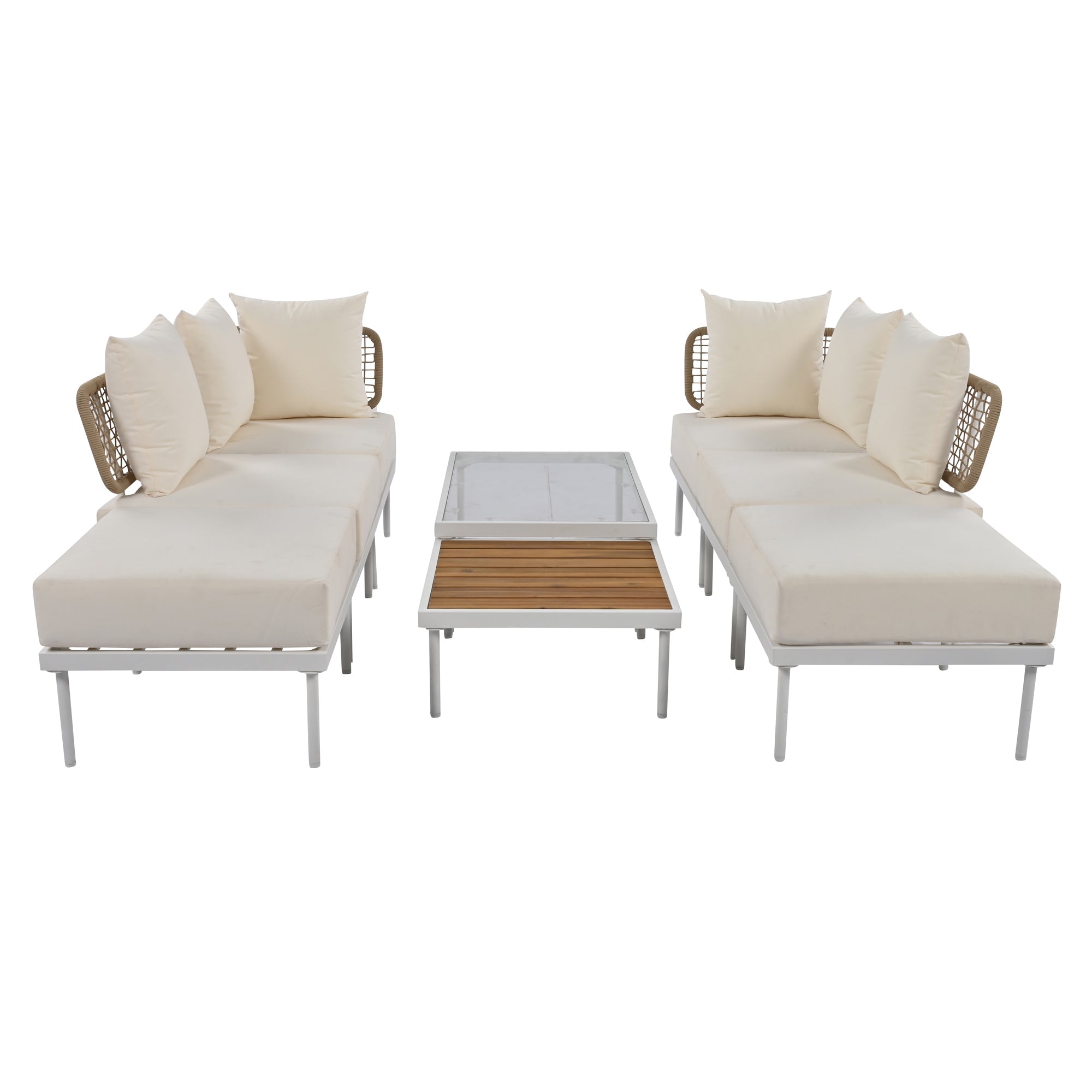 TREXM 8-Piece Patio Sectional Sofa Set with Tempered Glass Coffee Table and Wooden Coffee Table for Outdoor Oasis, Garden, Patio and Poolside (Beige Cushion + White Steel)