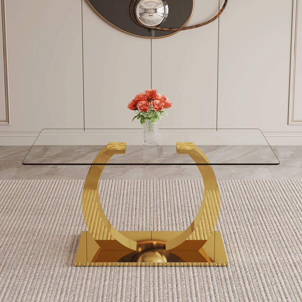 63 x 35.4 x 30-inch Transparent Glass Dining Table - A Perfect Blend of Durability and Elegance.Transparent Tempered Glass Tabletop,Golden stainless steel metal table legs.