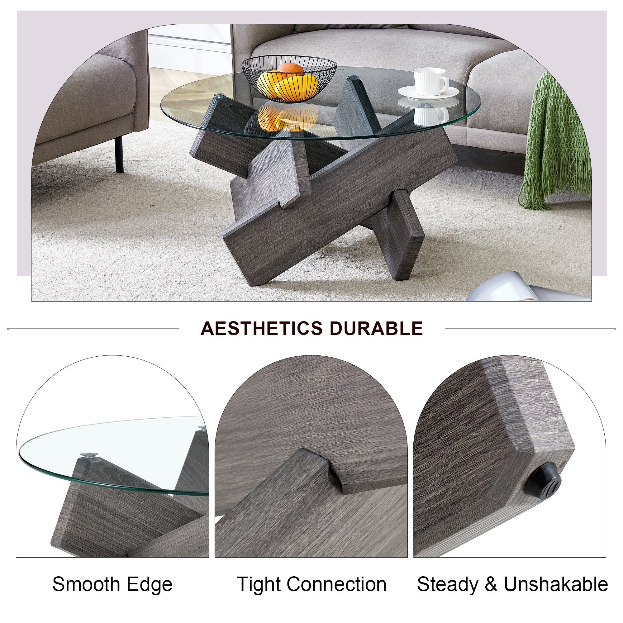 Round glass coffee table, 33.4" modern design unique coffee table. Tempered glass top with grey patterned MDF legs. Suitable for living and dining rooms