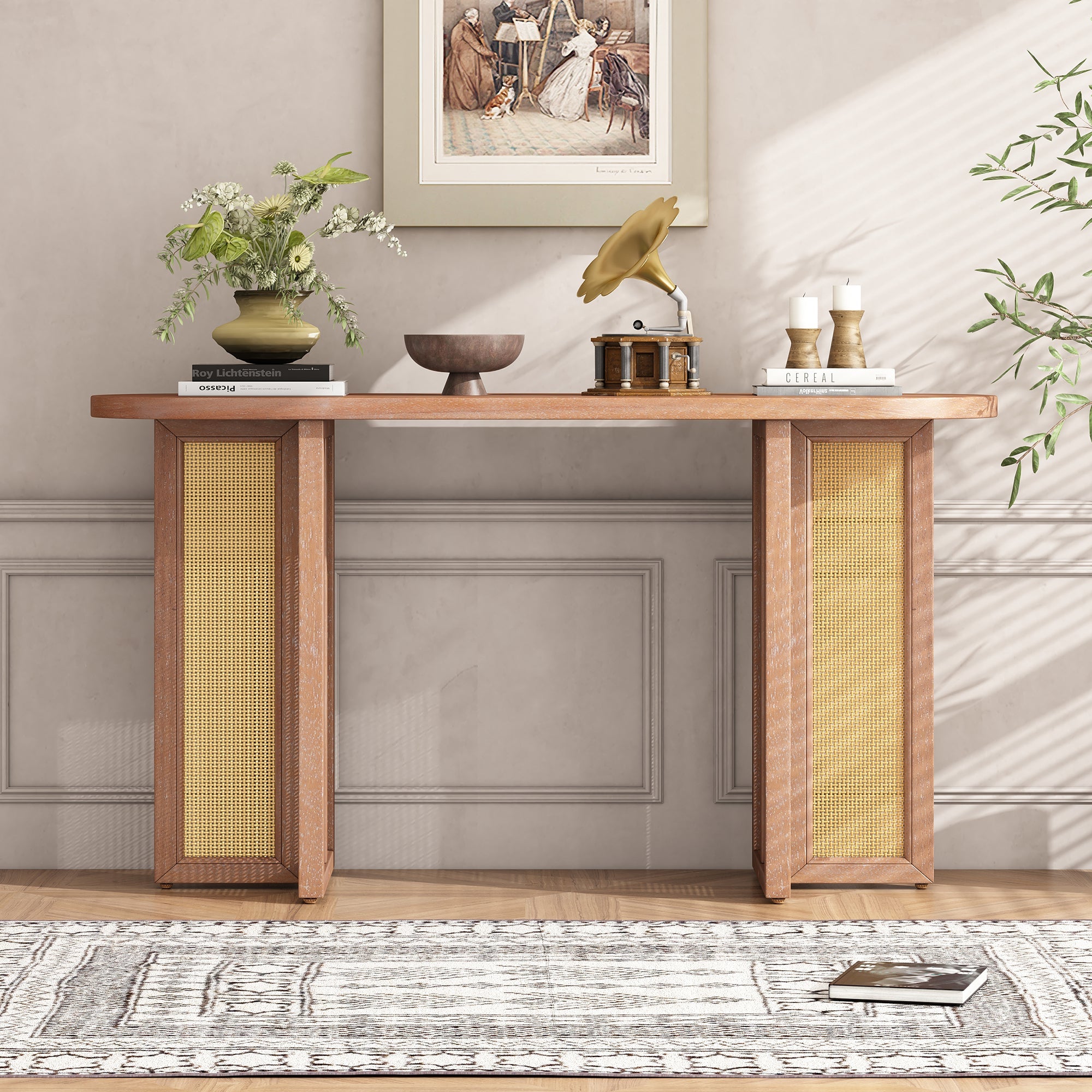 TREXM Farmhouse Rattan Console Table Entryway Table, Narrow Console Table with Storage, Hallway Table for Living Room, Entrance (Natural Wood Wash)