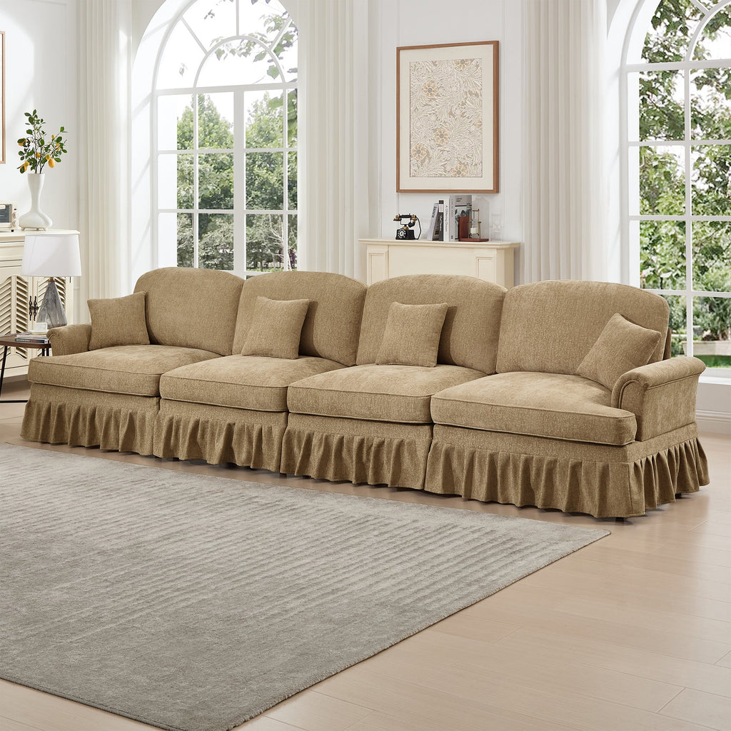 Elegant Mid Century Large 4 Seater Sofa Couch with Flared Arms and Removable Ruffles Pleats Skirts and Spindle Legs, Comfy Chenille Four-Seat Sofa for Living Room, Light Coffee
