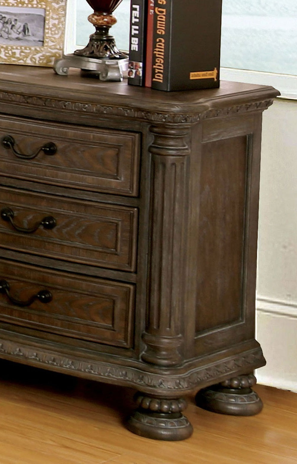 Traditional Rustic Natural Finish Solid wood 1pc Nightstand Bronze Hanging Pull Bedroom Bedside Table w 3-Drawers