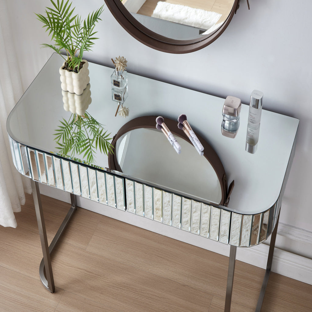 39' Mirrored Makeup Vanity Table with Stainless Steel Base, Mirrored Console Dressing Table with 2 Drawers,Versatile Desk for Bedroom and Office, Silver