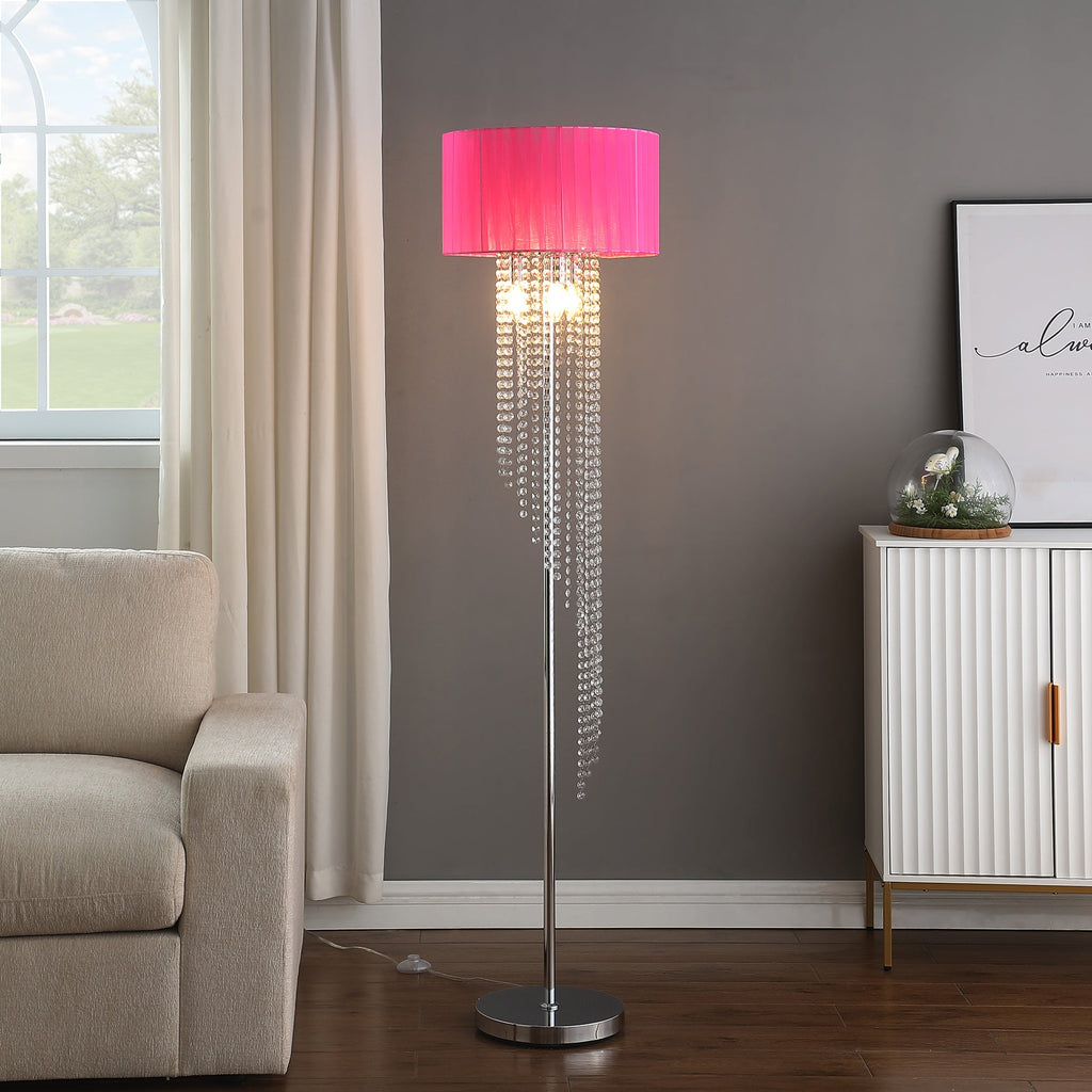 65.75'H Sheer Hot Pink Drum Shade Rain Crystal Chrome Metal Floor Lamp for Living Room, Standing Lamp for Bedroom