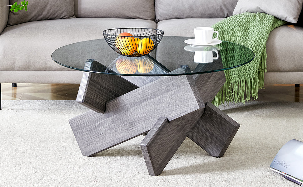 Round glass coffee table, 33.4" modern design unique coffee table. Tempered glass top with grey patterned MDF legs. Suitable for living and dining rooms
