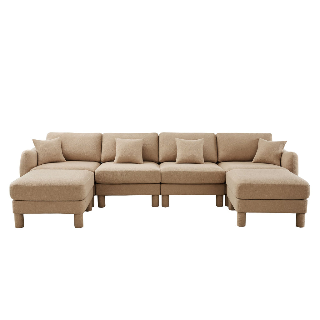 Boucle Fabric U Shape Sectional 4-seater Sofa Couch With Distinctive Shell-shaped Armrests And 2 Movable Ottomans,Cylindrical Legs Wrapped with Self-fabric,Coffee Color