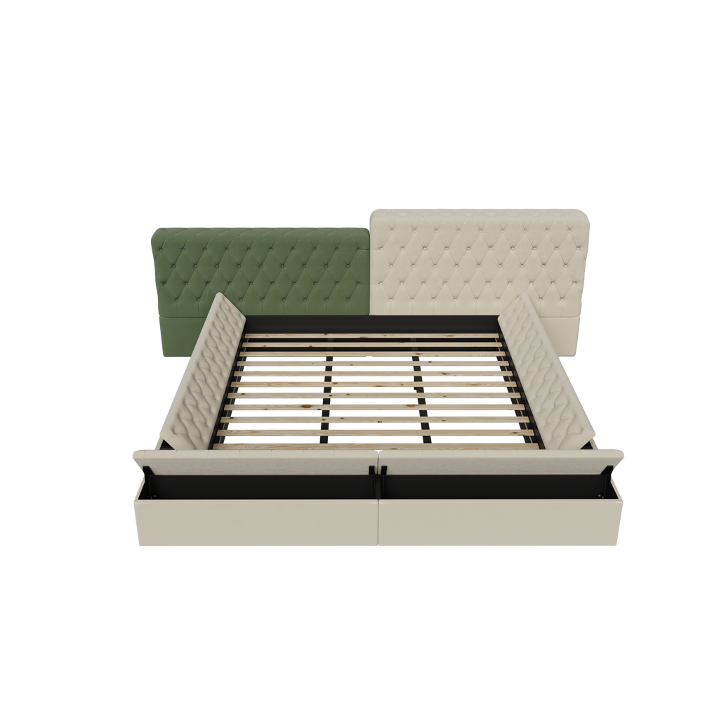 Contemporary Special-shaped Fully Upholstered Bed with Deep Button Tufting and Storage Compartments in Rails and Footboard,No Box Spring Needed,King,Beige
