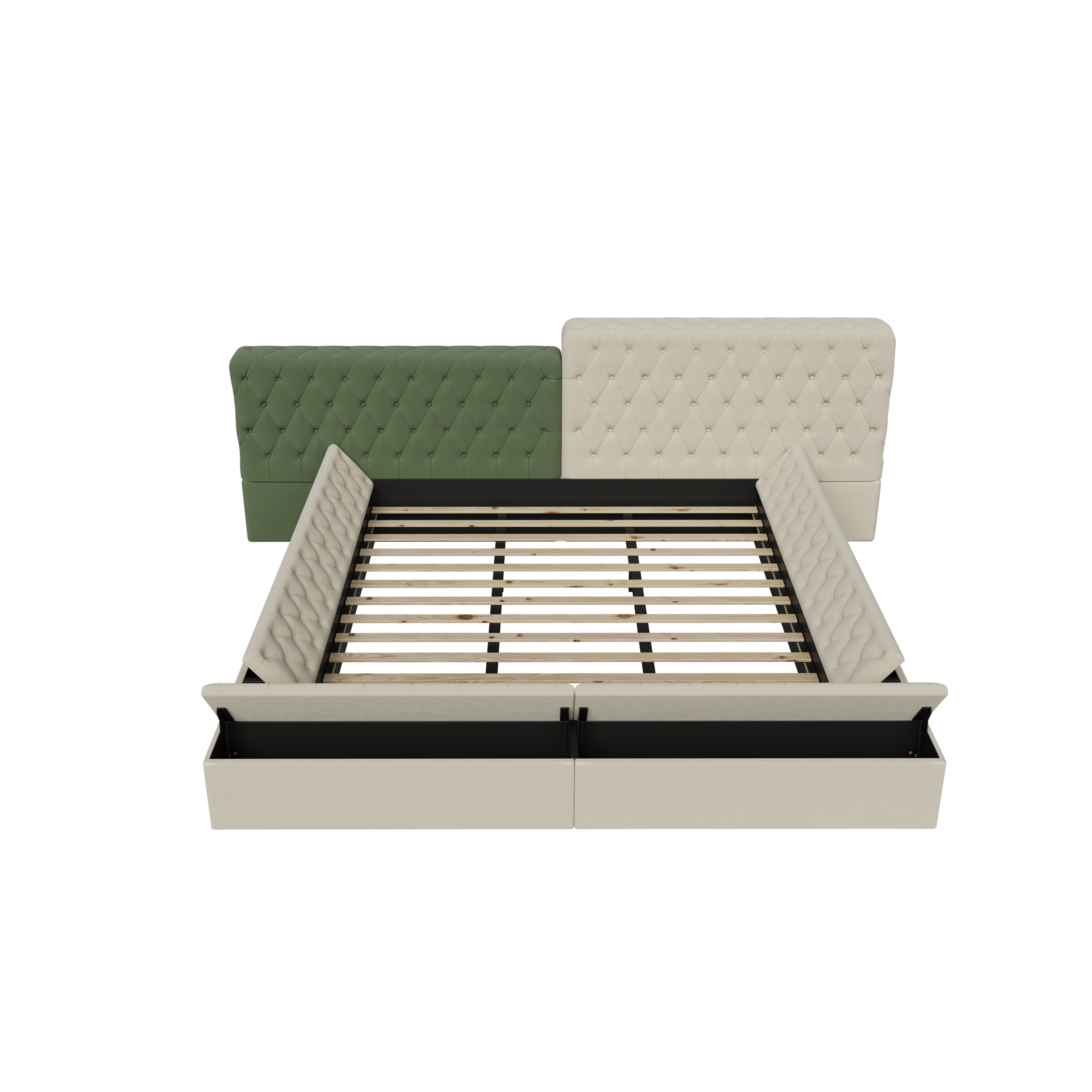 Contemporary Special-shaped Fully Upholstered Bed with Deep Button Tufting and Storage Compartments in Rails and Footboard,No Box Spring Needed,King,Beige