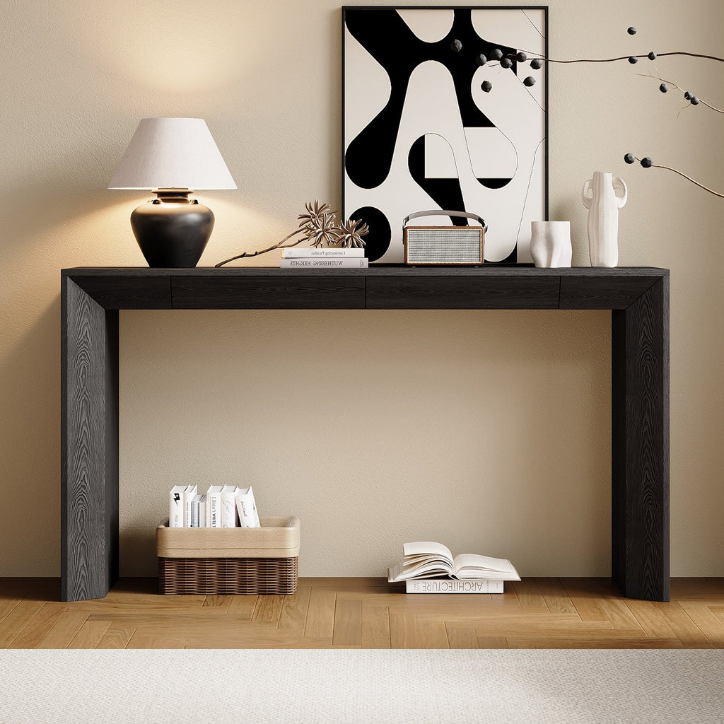 TREXM 60' Modern Farmhouse Console Table with 2 Concealed Drawers, Waterfall Design Entryway Table with Thickened Legs & Rustic Wood Grain for Living Room, Entryway & Hallway (Black)
