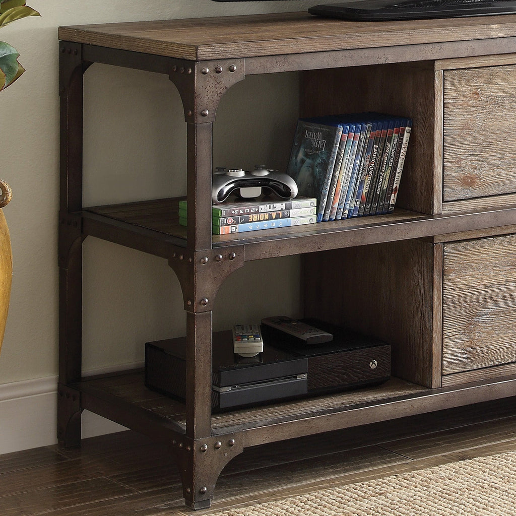 Weathered Oak and Antique Silver 4-Shelf TV Stand