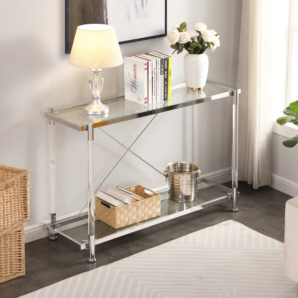 43.31'' Chrome Glass Sofa Table, Acrylic Side Table, Console Table for Living Room& Bedroom