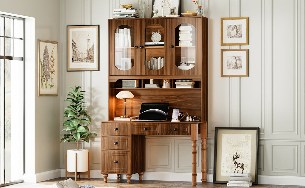 47'' Retro Desk with Charging Ports and Hutch Cabinet, Office Desk with 5 Storage Drawers and Transparent Glass-Door Bookshelf, Executive Computer Desk for Home Office, Bedroom, Walnut