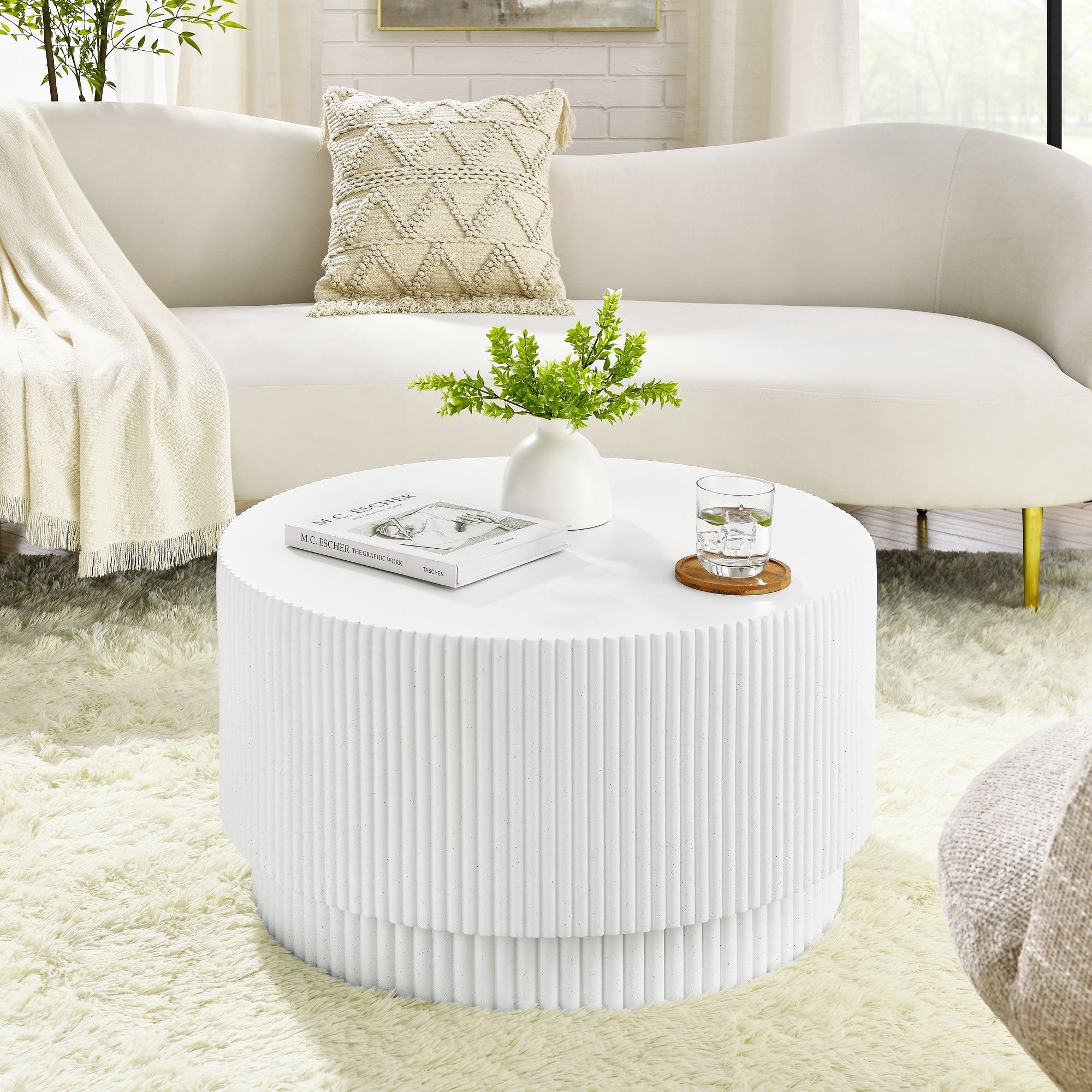 15.72-inch H-barrel coffee table, Nordic style, simple design, suitable for indoor and outdoor use, magnesium oxide material, suitable for living room, bedroom or garden sofa