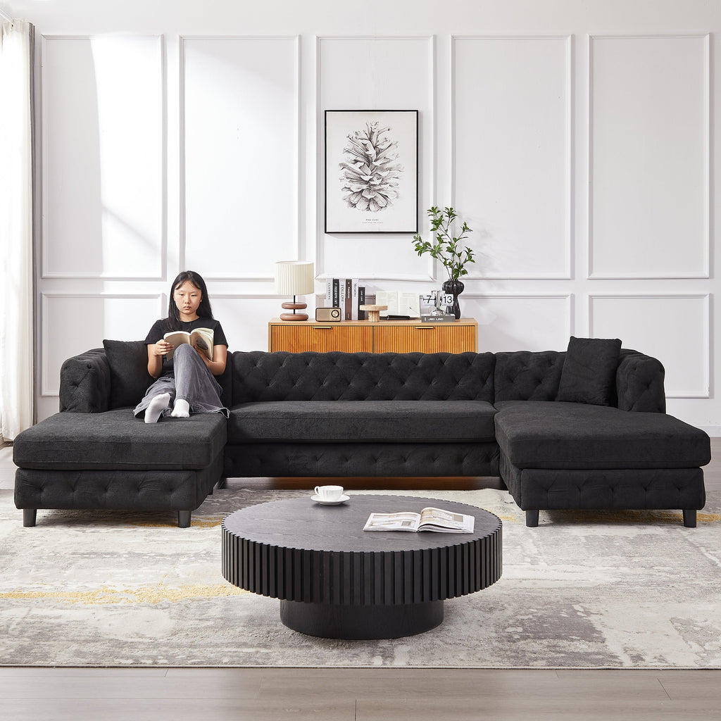 126-inch Modern Style Chenille Three Piece Sofa, Pull Point Design U-shaped Sofa two Chaise Longue Seats, two Pillows and Plastic Feet, Suitable for Living room, Bedroom, Lounge and Projection Room