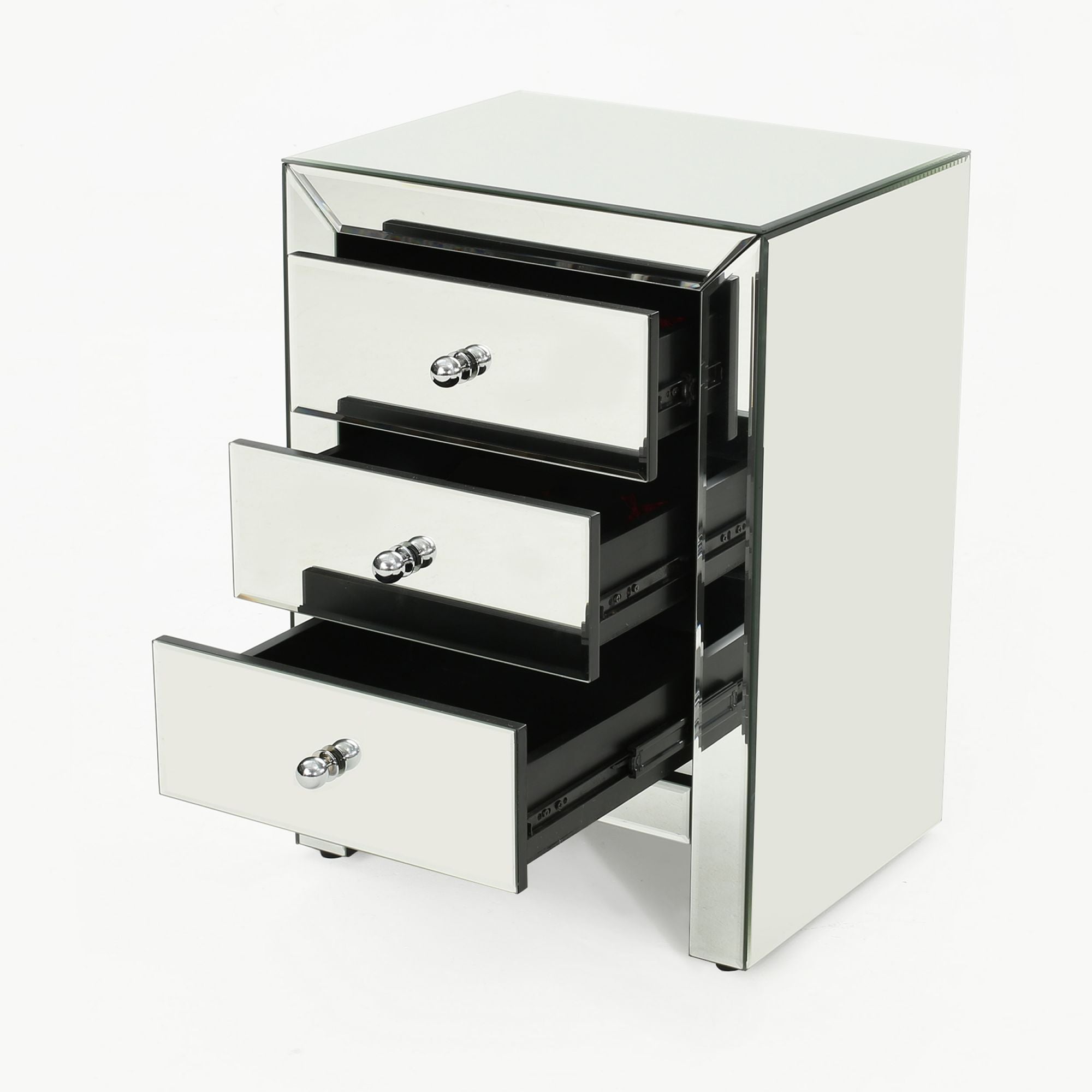 17.70'' Mirrored Nightstand, Silver Glass Nightstand With 3 Drawers, Small Bed Side Tables, Mirrored End Table, Bedside Accent Table Dresser Furniture For Bedroom, Living Room, Office