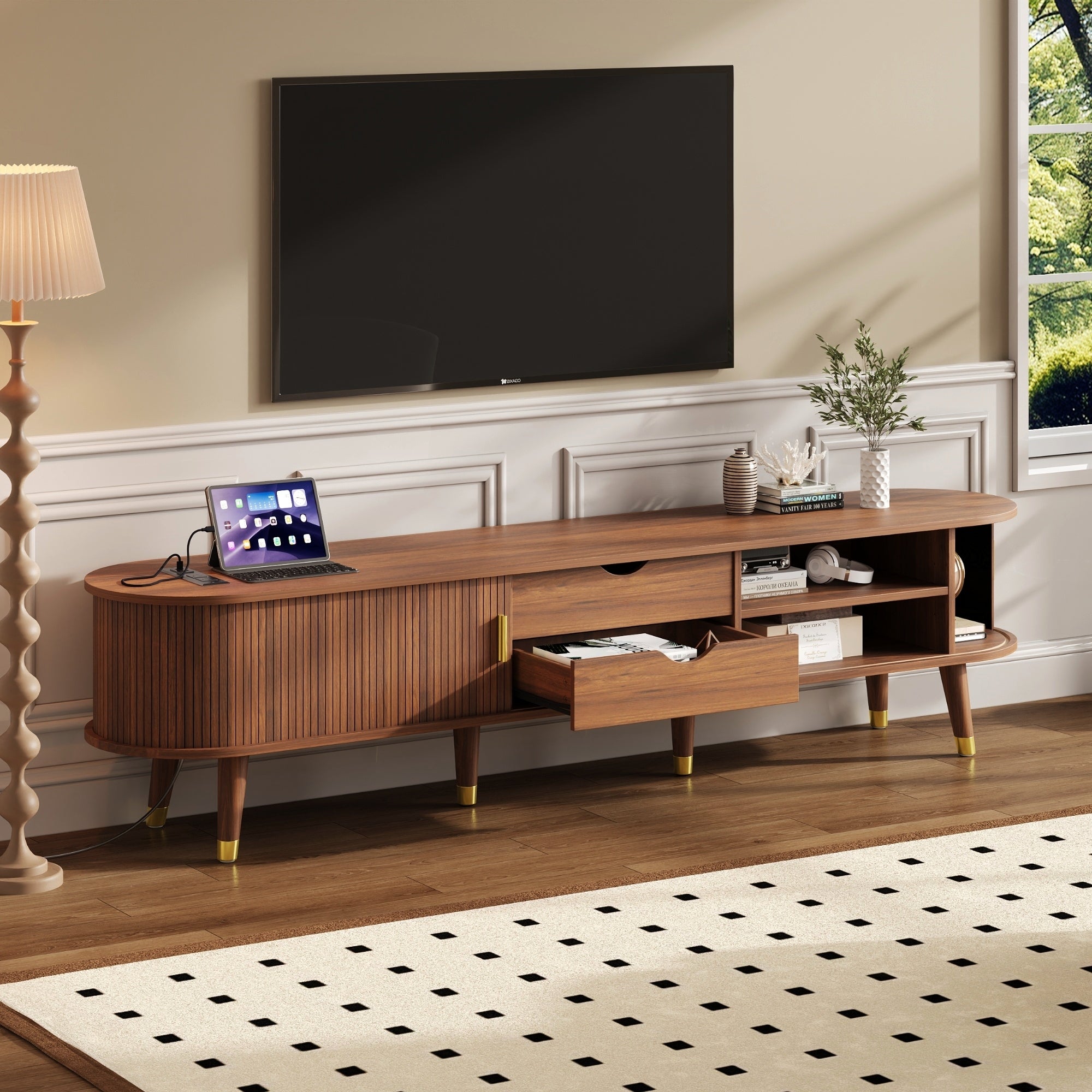 Wooden Oval Fluted TV Stand with Charging Station for TV up to 80', Mid-Century Media Console with Sliding Tambour Door, Farmhouse TV Cabinet with Golden Handle for Living Room, Walnut