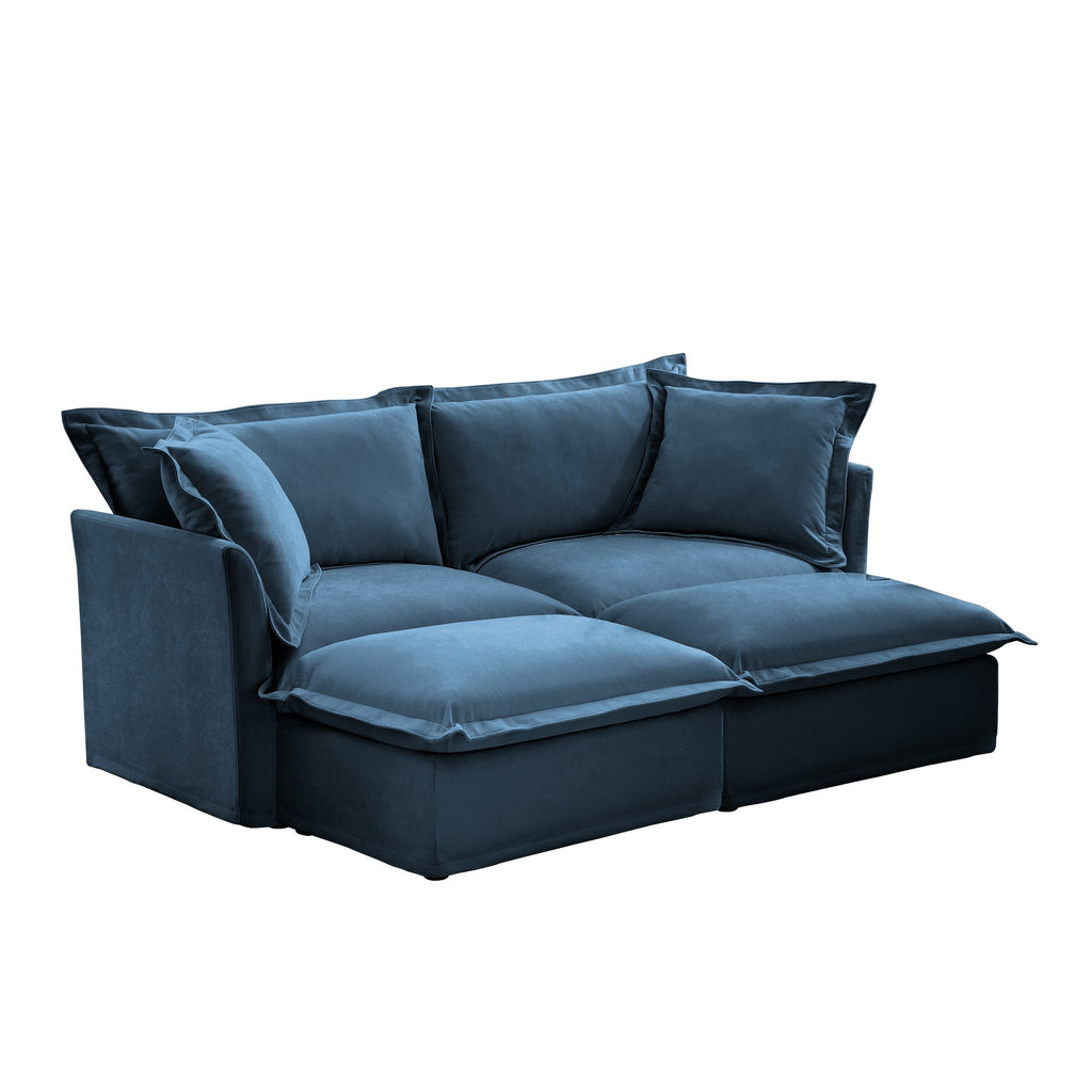 Slipcovered Sofa 2 Seater Sofa    With 2 Ottomans, 2 Seater Sleeper Sofa Bed Home Theater Oversized Sofa For Living Room, Chenille, Blue