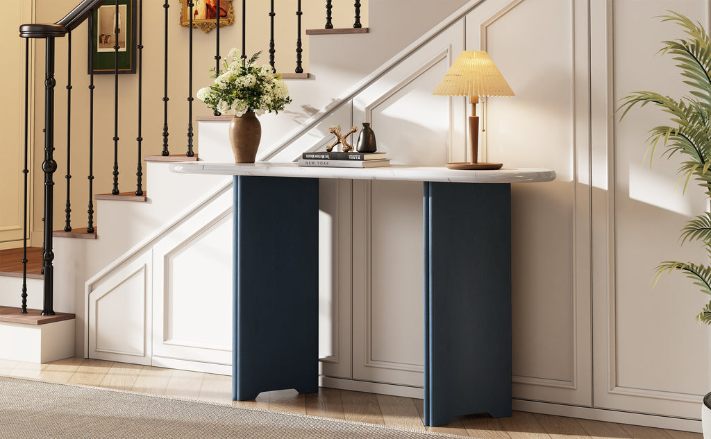 TREXM Narrow Console Table, Entryway Table with Oval Faux Marble Top, Rustic Sofa Table with Curved Legs, Hallway Accent Table for Entrance and Living Room (Navy+White)