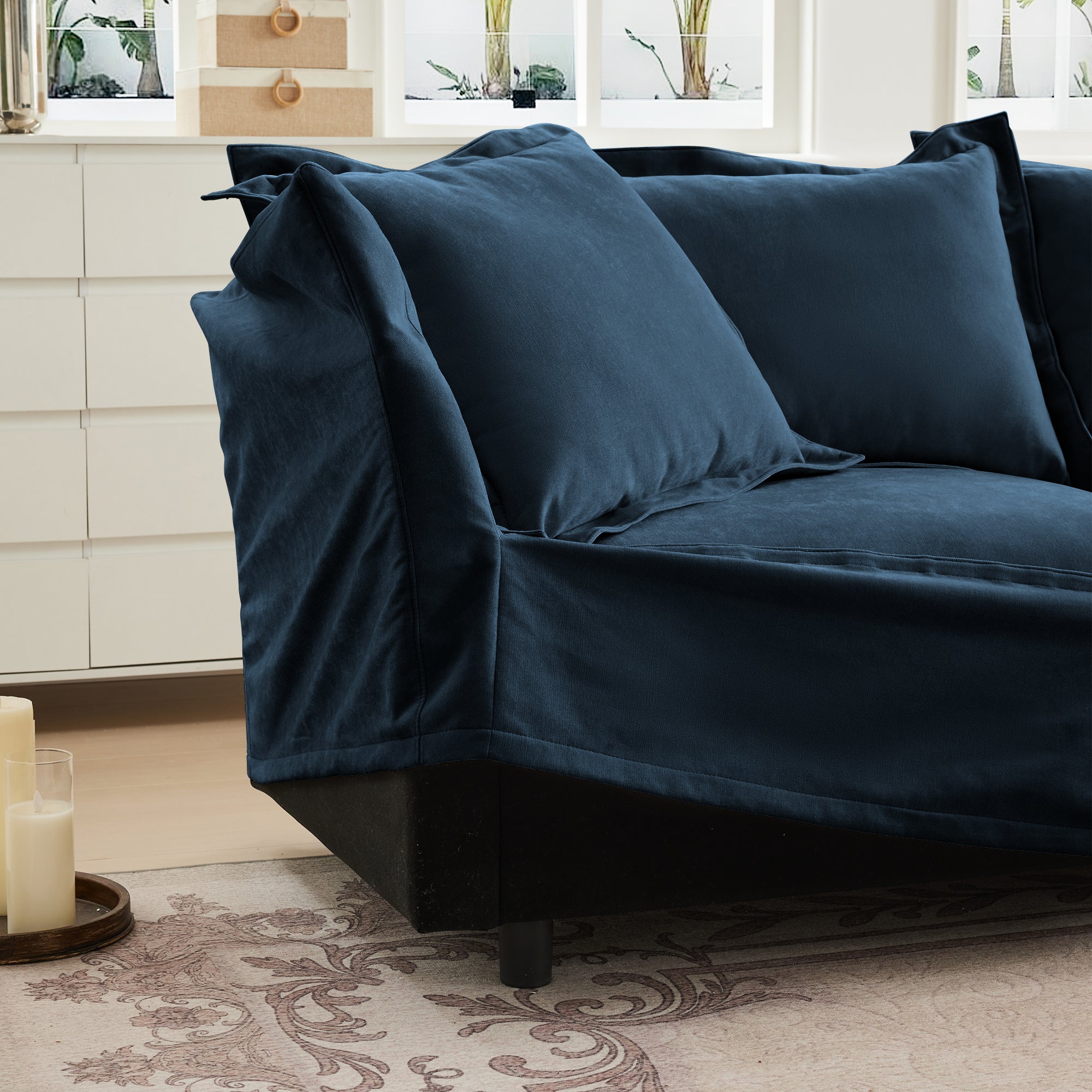 Slipcovered Sofa 2 Seater Sofa    With 2 Ottomans, 2 Seater Sleeper Sofa Bed Home Theater Oversized Sofa For Living Room, Chenille, Blue