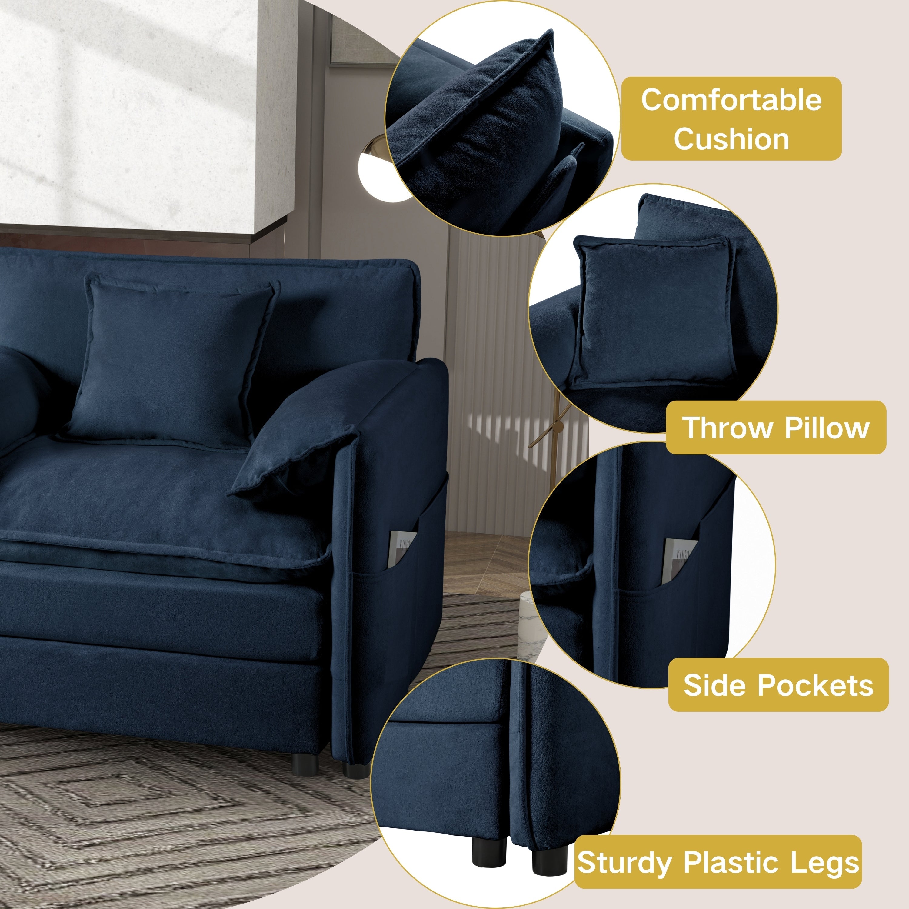 Modular Sectional Sofa, Oversized Deep Seat L Shaped Couch Set for Living Room, 3-Seater Comfy Cloud Couches with Movable Ottoman, DIY Combination, Chenille,Blue