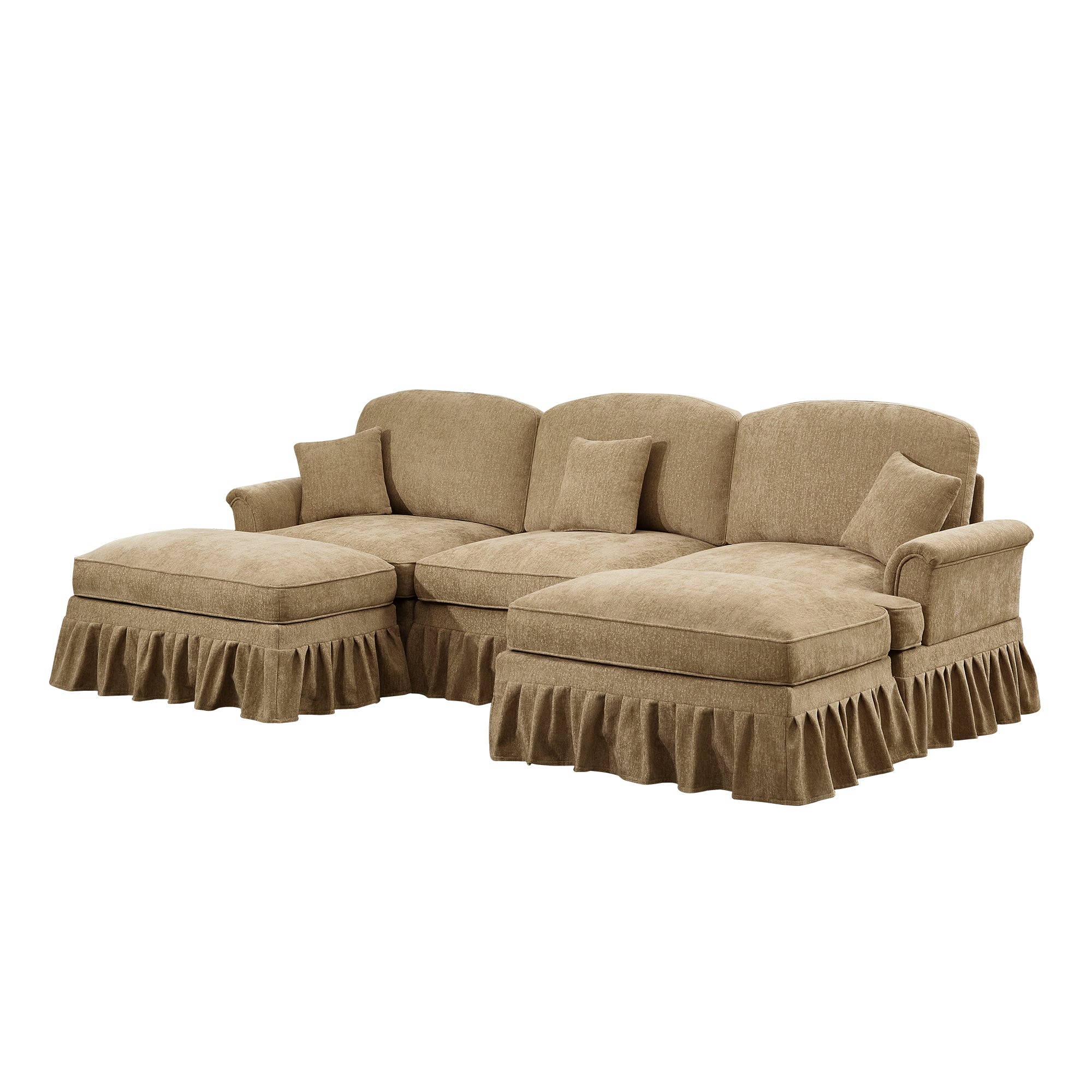 Classic Comfy Modular U Shape Sectional Sofa Couch with Flared Arms and Removable Ruffles Pleats Skirts and Spindle Legs, Upholstered Chenille Deep Seat Cloud Sofa with Movable Ottomans, Light Coffee