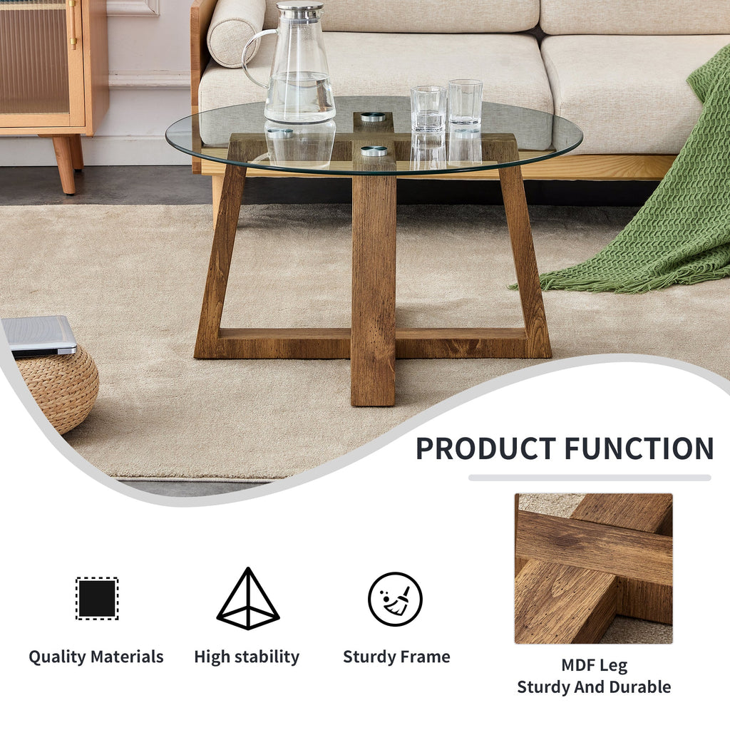 Modern practical circular coffee and tea tables. Made of transparent tempered glass tabletop and wood colored MDF material. Suitable for living rooms and bedrooms.31.5"*31.5"*17.7"
