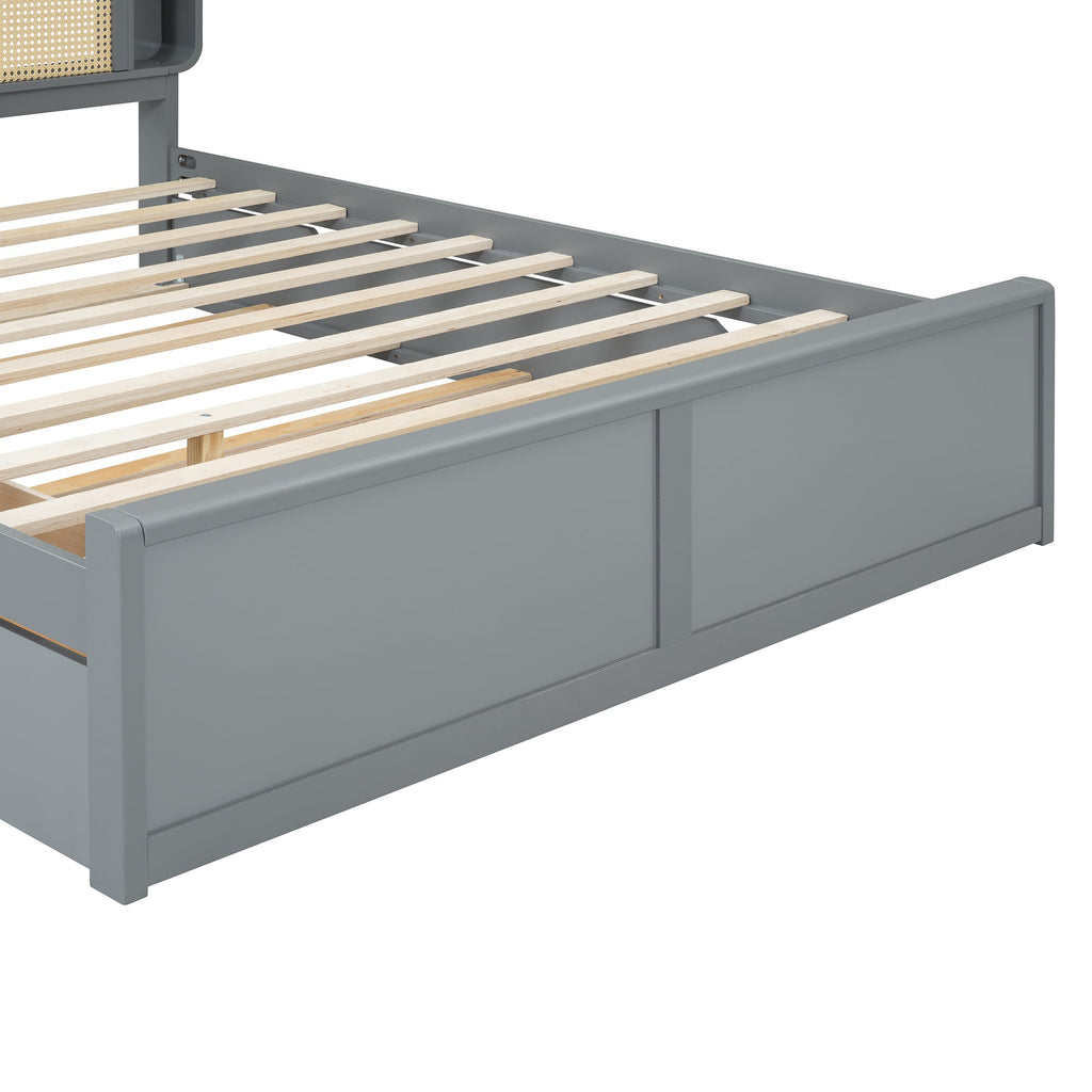Queen Size Rattan Headboard Bed with Two Drawers and Trundle, Gray