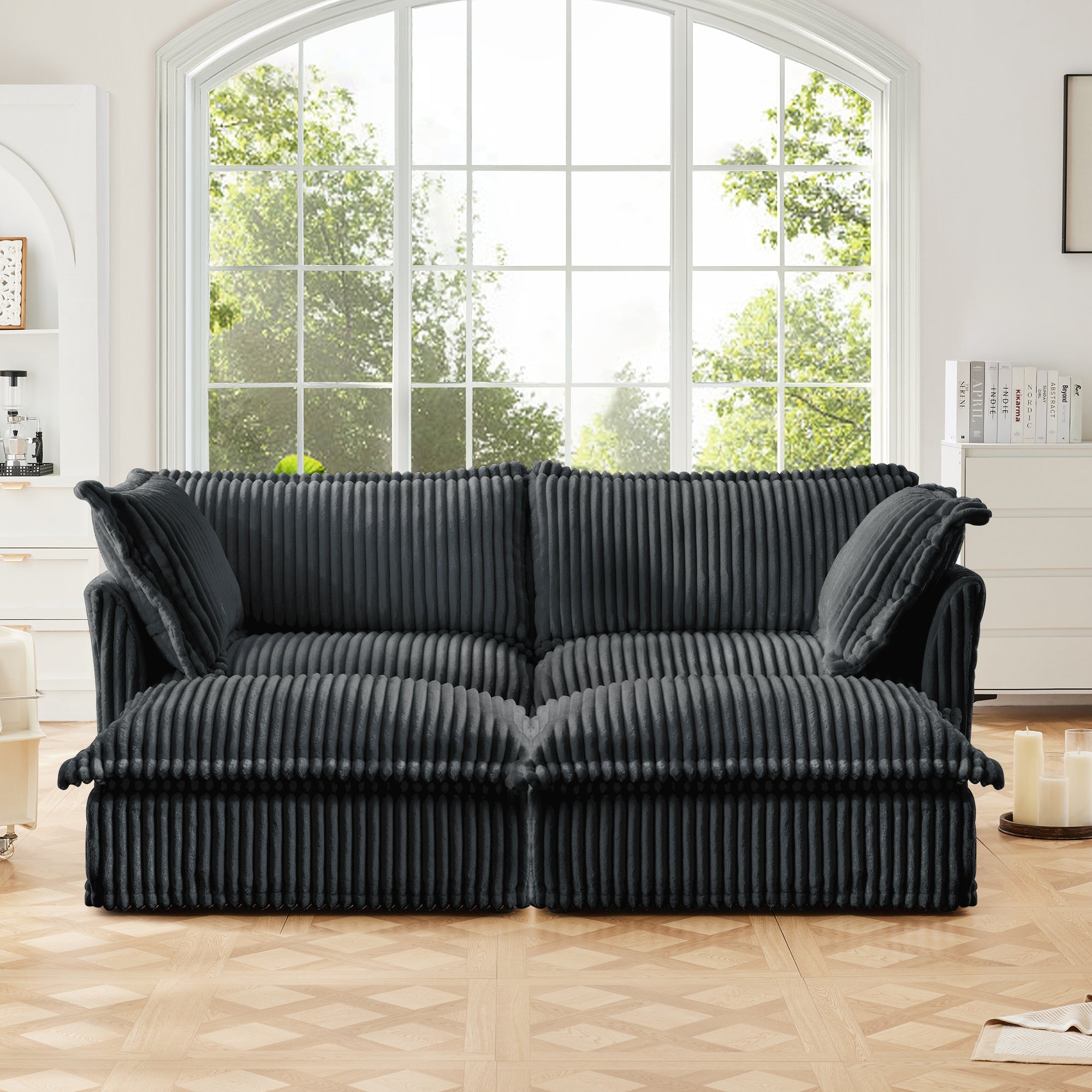 Slipcovered Sofa 2 Seater Sofa    With 2 Ottomans, 2 Seater Sleeper Sofa Bed Home Theater Oversized Sofa For Living Room, Corduroy, Gray