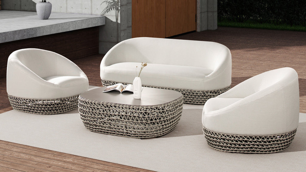 Willow 40.5' Oval Woven Patio Coffee Table, Light Beige Olefin