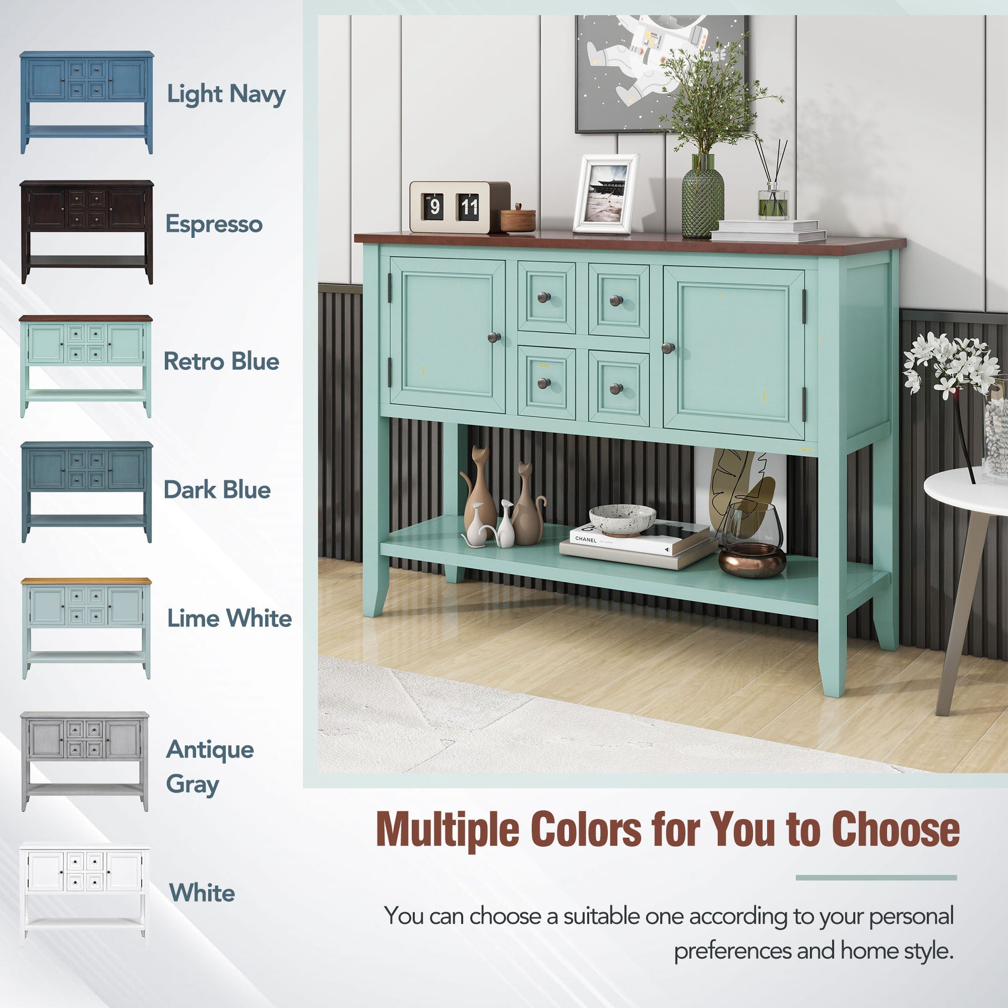 TREXM Cambridge Series  Ample Storage Vintage Console Table with Four Small Drawers and Bottom Shelf for Living Rooms, Entrances and Kitchens (Retro Blue, OLD SKU: WF190263AAC)