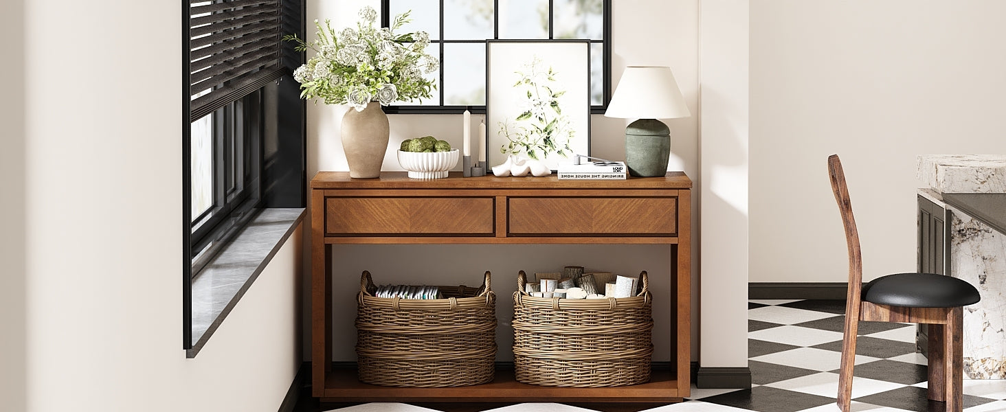 TREXM 55' Console Table, Rustic Wooden Entryway Table with Storage Drawers and Open Shelf, Elegant Sofa Table for Hallway and Living Room (Honey)