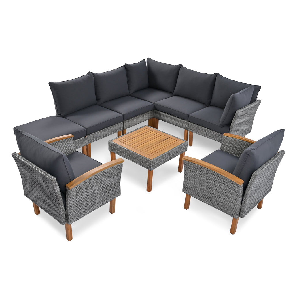 GO 9-Piece Patio Rattan Furniture Set, Outdoor Conversation Set With Acacia Wood Legs and Tabletop, PE Rattan Sectional Sofa Set with Coffee Table, Washable Cushion, Gray