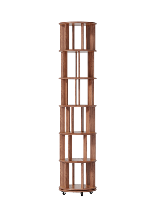 100%Solid Wood Rotating Bookshelf on Wheels, 6 Tier, Round Revolving Bookcase, 360° Spinning Book Shelf Tower for Kids, Narrow Rolling Bookshelves for Small Space, Corner, Bedroom, Office, Walnut