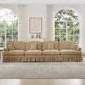 Elegant Mid Century Large 4 Seater Sofa Couch with Flared Arms and Removable Ruffles Pleats Skirts and Spindle Legs, Comfy Chenille Four-Seat Sofa for Living Room, Light Coffee