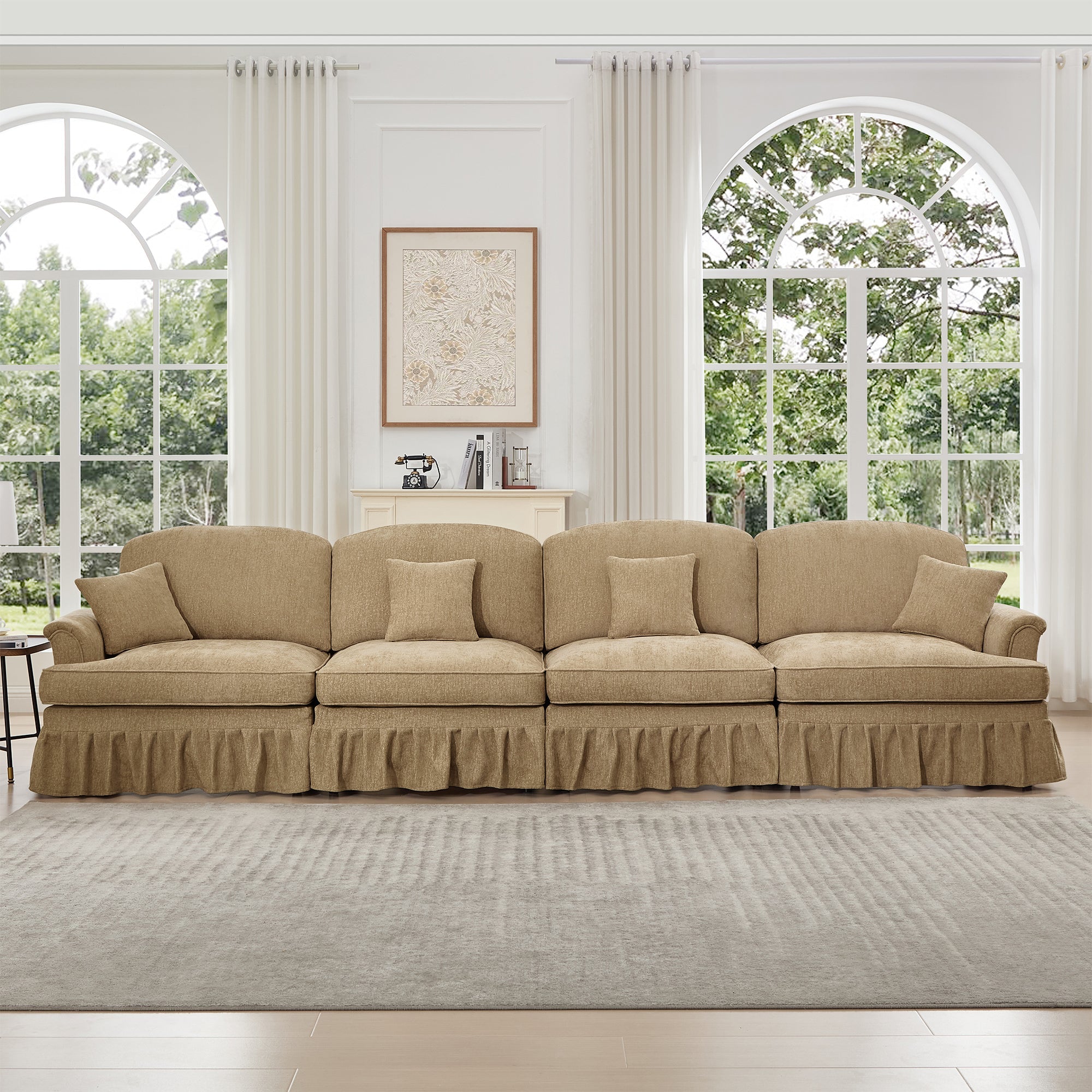 Elegant Mid Century Large 4 Seater Sofa Couch with Flared Arms and Removable Ruffles Pleats Skirts and Spindle Legs, Comfy Chenille Four-Seat Sofa for Living Room, Light Coffee