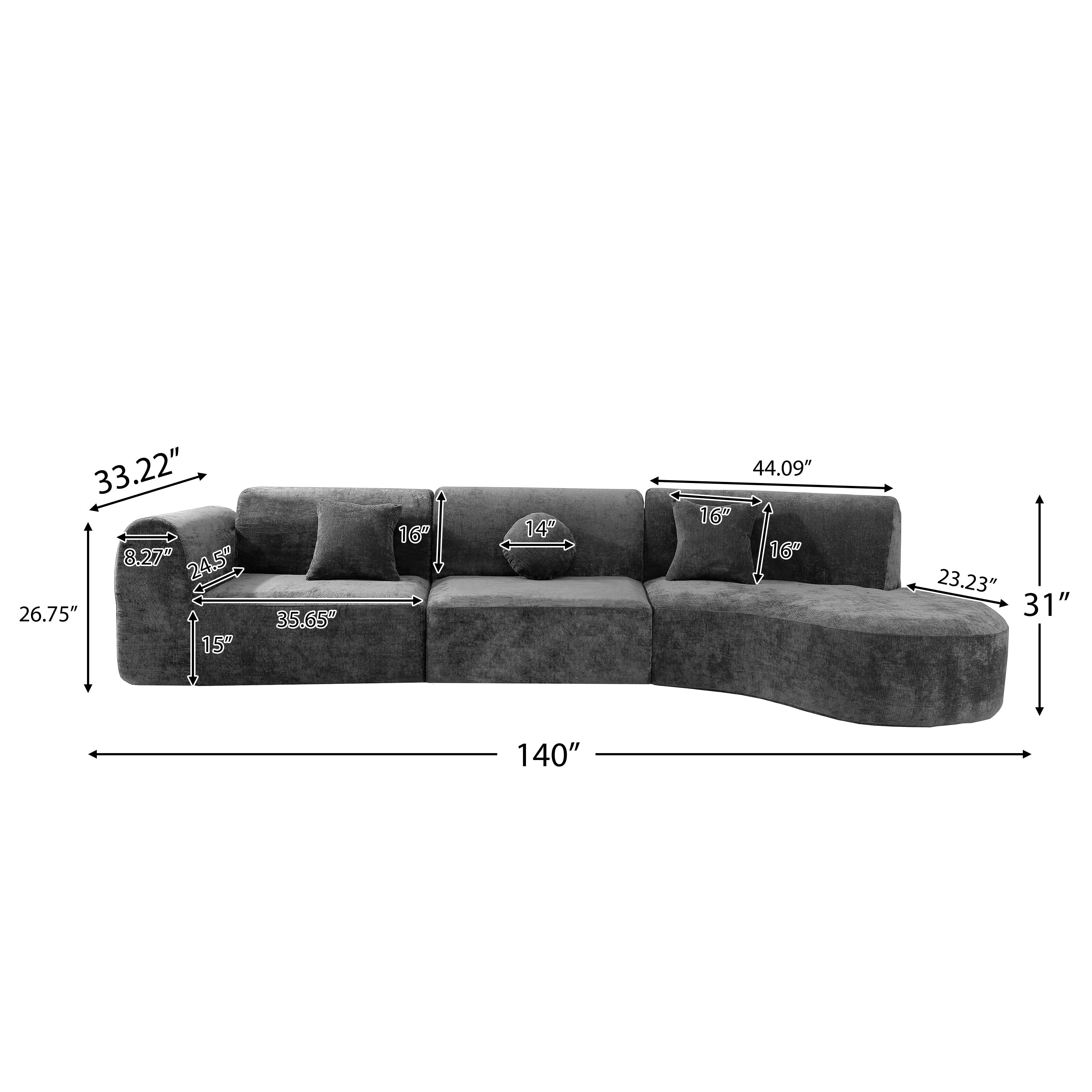 140' Modern Curved Sectional Sofa with High-Density Fully Compressed Sponge and Chaise Lounge, 3-Piece Set, Fully Assembled Right Hand Facing, Perfect for Living Room, Lounge