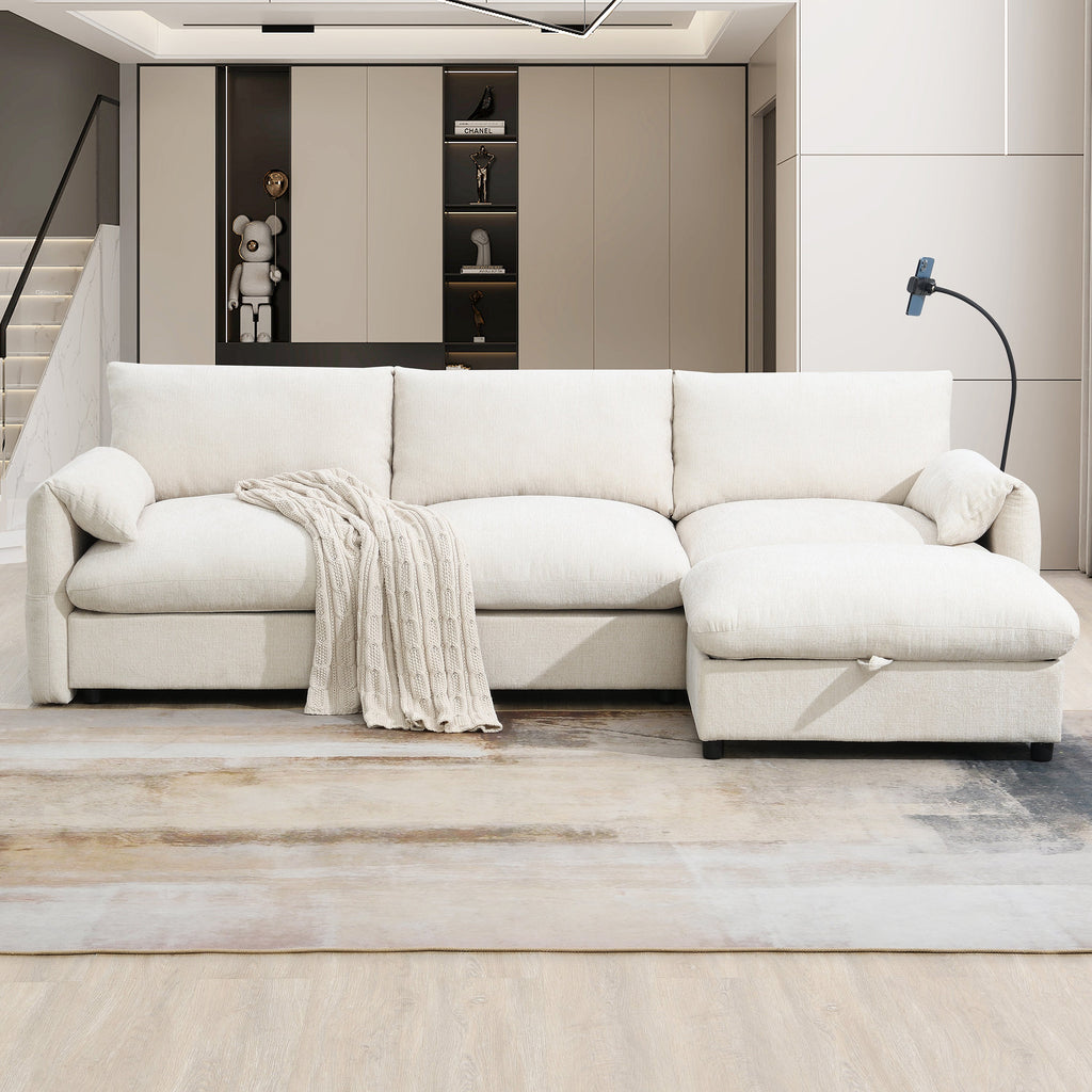 96.5'' Chenille Sectional Sofa with Storage Ottoman and Pockets,Adjustable Phone Holder,Wide Seat,4 Seat L Shaped Couch Set,Comfy Sofa with USB Charger for Living Room,Apartment,3 Colors