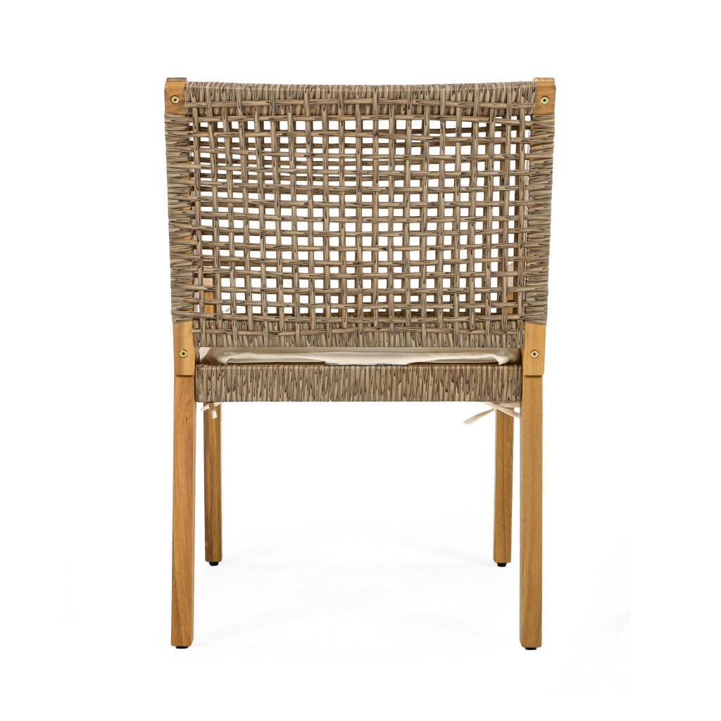 Outdoor Dining Set – Premium Acacia Wood Stamford Table & Wicker Chairs with Cream Cushion for Comfortable Dining Experience,Suitable for large gatherings(1 Table + 4 Chairs)
