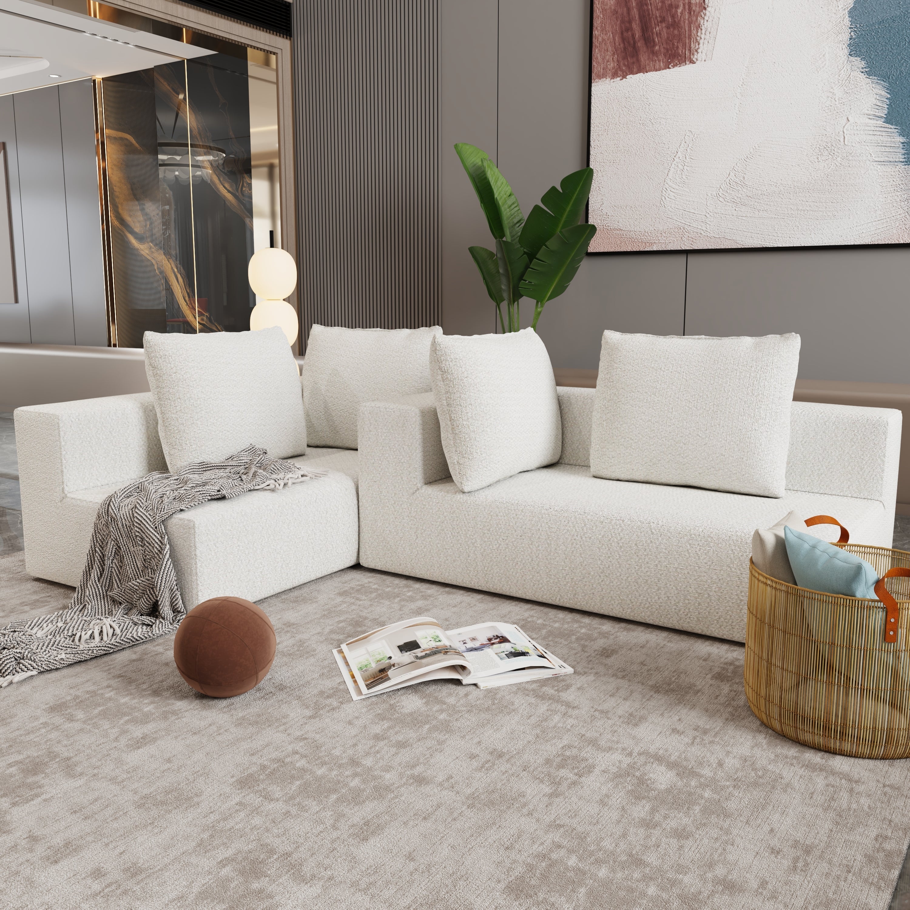 Four seater combination sofa, sofa bed, made of high-density sponge and soft linen fabric, with multiple combination methods (beige)