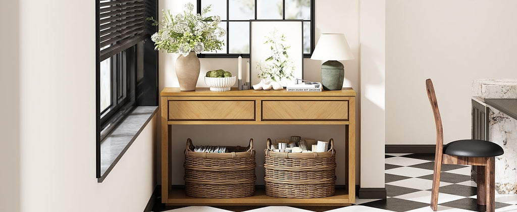 TREXM 55' Console Table, Rustic Wooden Entryway Table with Storage Drawers and Open Shelf, Elegant Sofa Table for Hallway and Living Room (Natural)