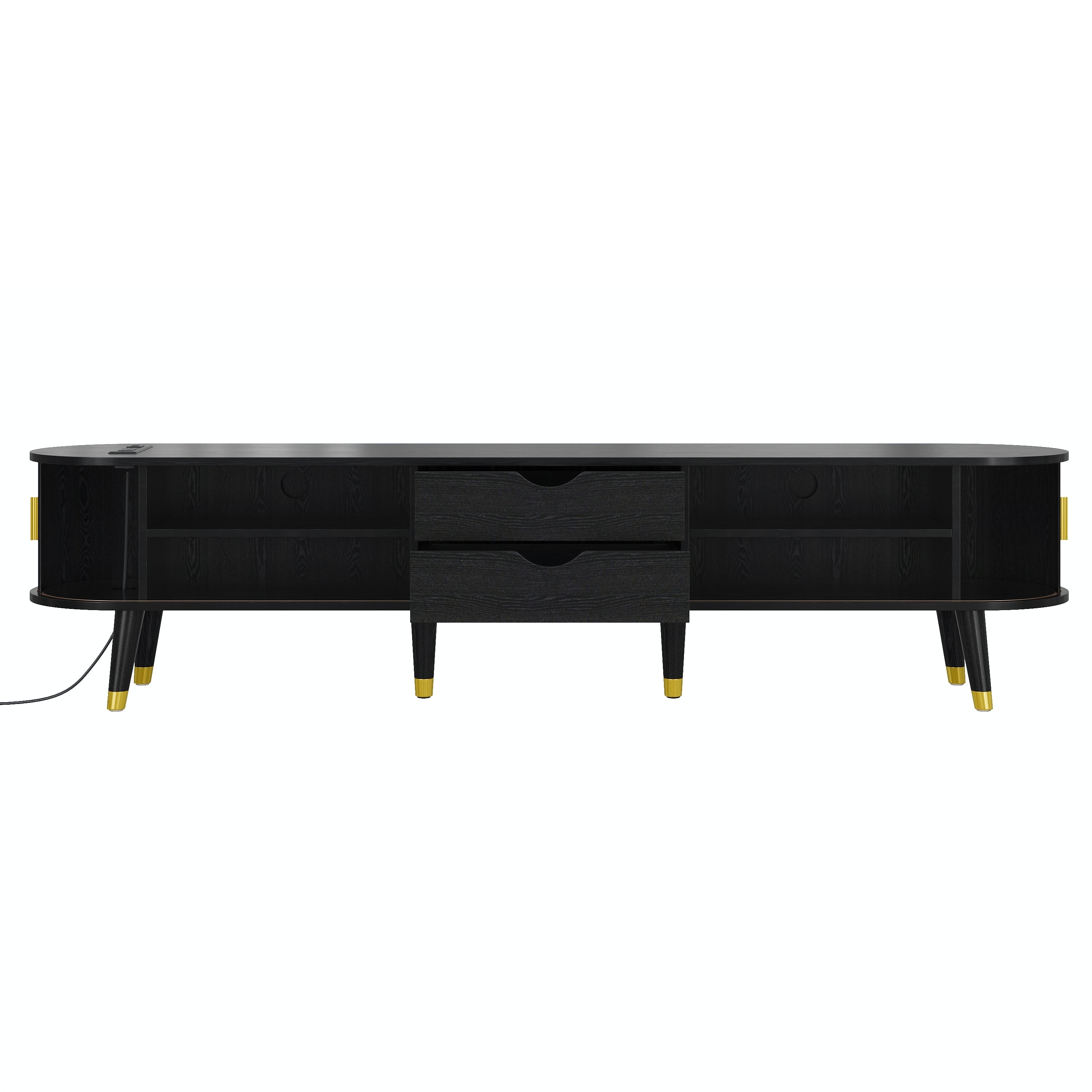 Wooden Oval Fluted TV Stand with Charging Station for TV up to 80', Mid-Century Media Console with Sliding Tambour Door, Farmhouse TV Cabinet with Golden Handle for Living Room, Black