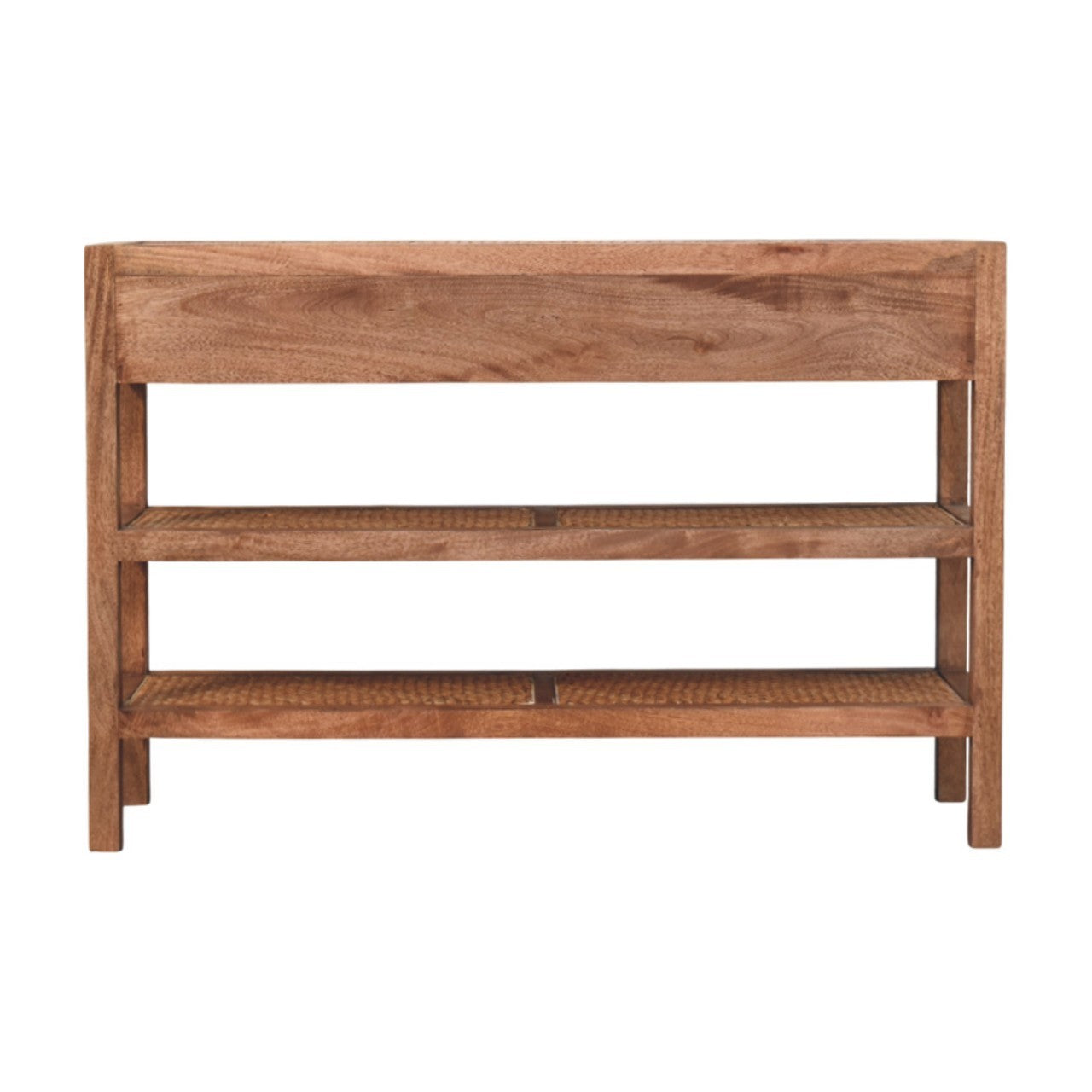 Solid Wood Woven Tier Console,Brown,2-Drawers,2-Shelf