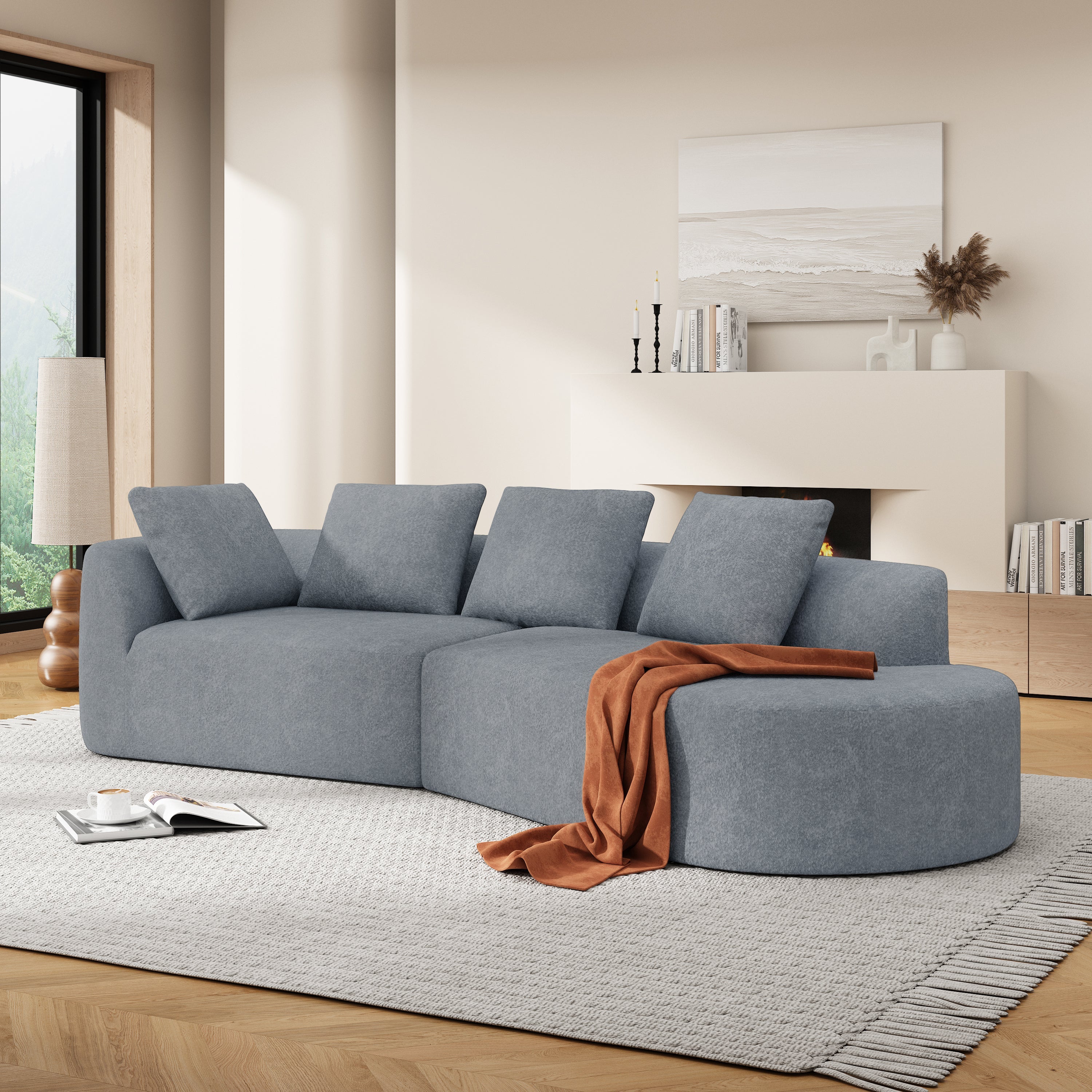 116' Modern Curved Sectional Sofa with High-Density Fully Compressed Sponge and Chaise Lounge, Pearl Upholstery, 2-Piece Set, Fully Assembled Right Hand Facing, Perfect for Living Room, Lounge