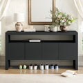 U_Style 60' 4-Door Sideboard, Modern Minimalist Solid Wood Veneer Sideboard with Open Shelf, Natural Wood Grain, Large Capacity Storage Console for Living Room, Hallway, Dining (Black/Natural)