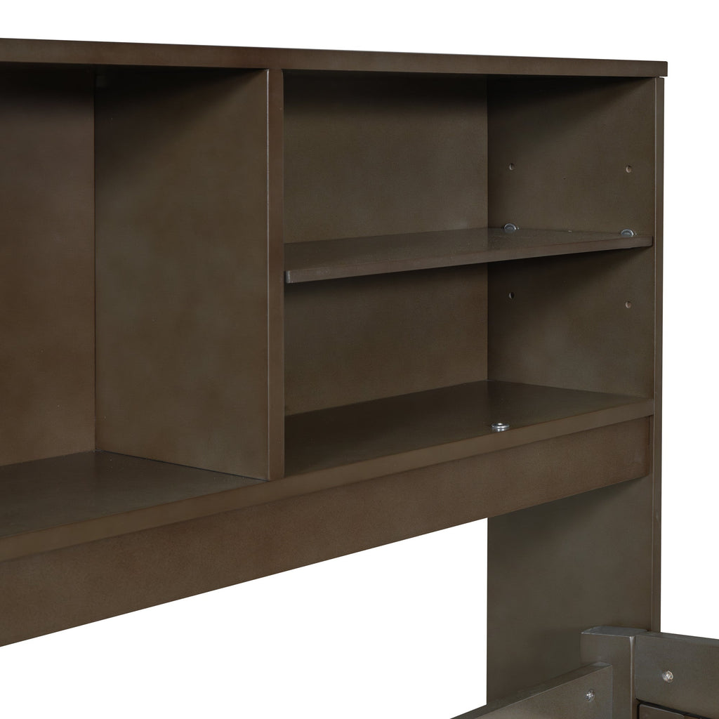 Full Size Wood Daybed with 2 Bedside Cabinets, Upper Shelves and 4 Drawers, Antique Brown